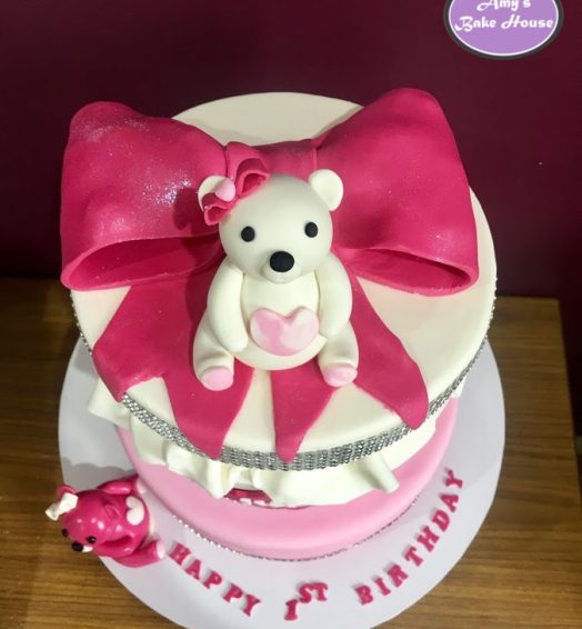 Pink and White Teddy Bear 1st Birthday Cake